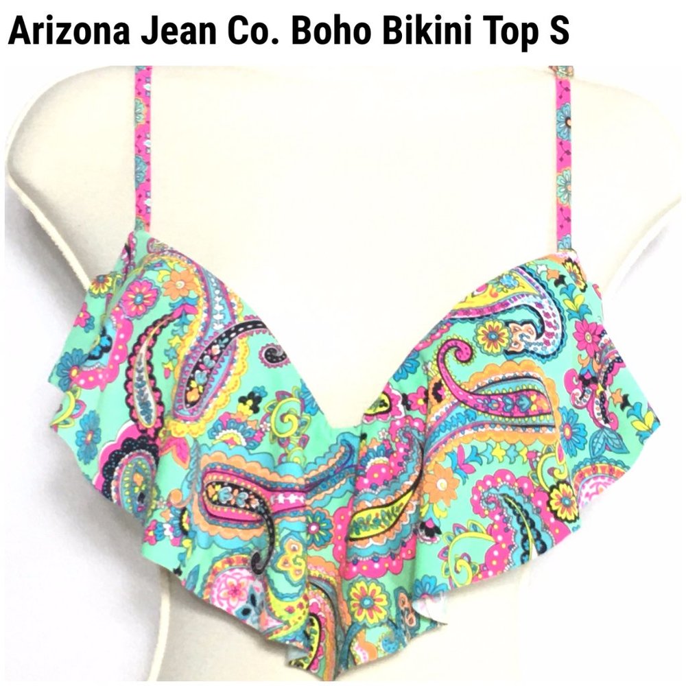 Arizona Jean Company 
Floral Boho Bikini Swim Top S Push Up Flounce Swimsuit Top
